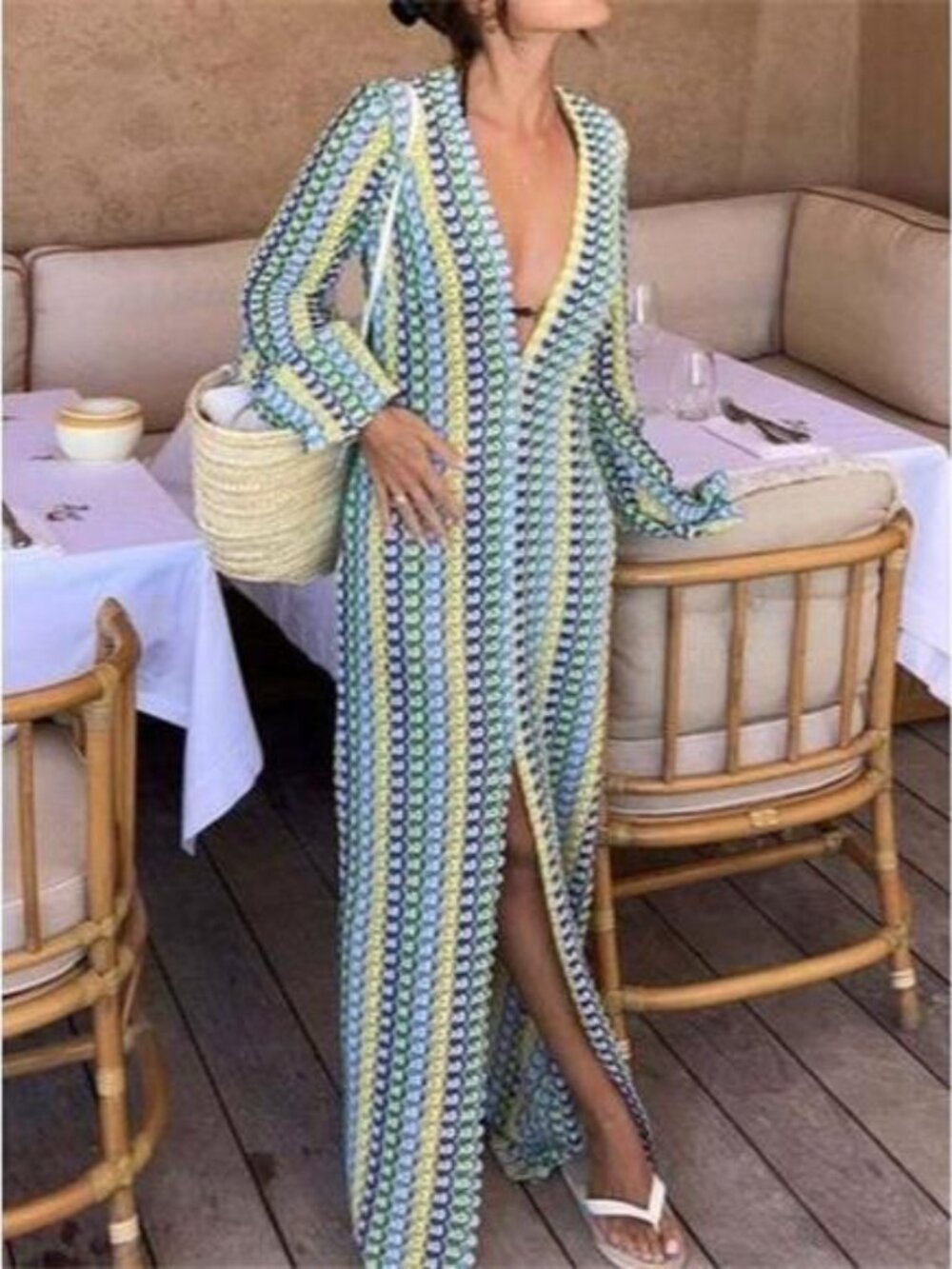 Slit Striped Knit Maxi Dress
